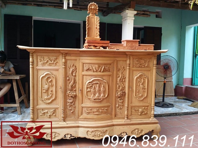 tủ thờ đẹp chất liệu gỗ mít chạm tứ linh ms01