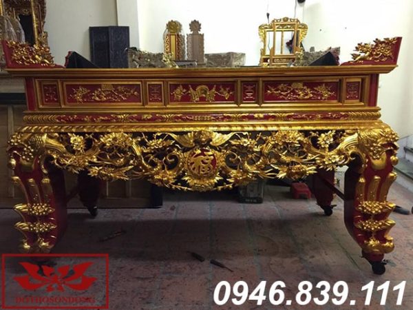 sập thờ gỗ mít chạm mai ngũ phúc sơn son thếp vàng ms 08