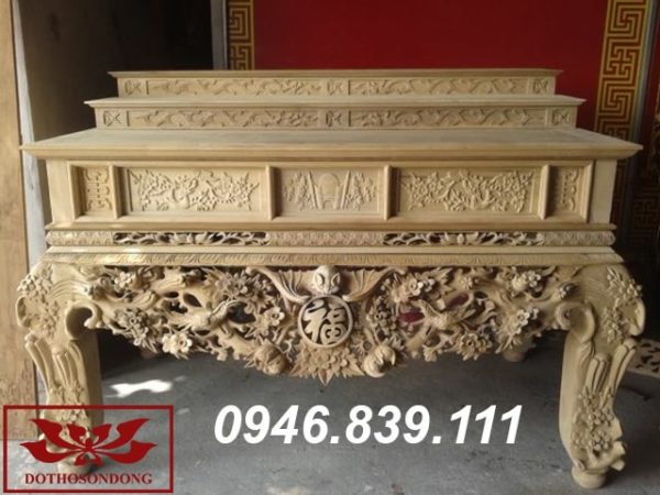 sập thờ tam cấp gỗ mít chạm mai ngũ phúc ms01